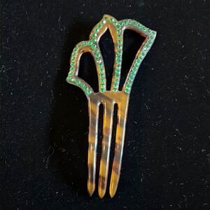 Vintage Faux Tortoise Hair Comb Green Rhinestones